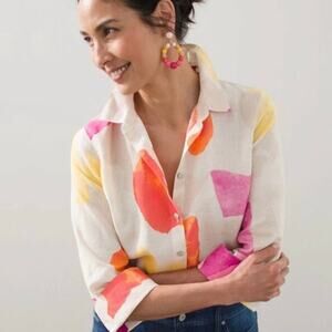 Chico's No Iron Confetti Print Linen Button Up Shirt Size 12 Abstract Watercolor